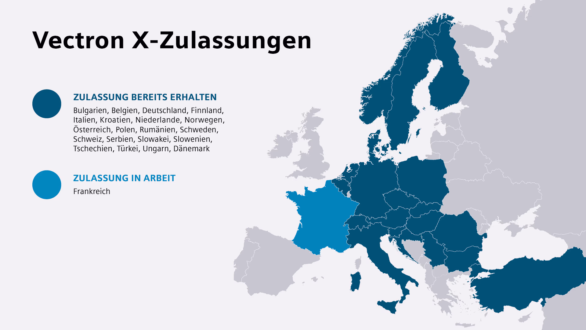 Eine Übersicht über alle Länder, in denen Vectron X zugelassen ist. Links im Bild sind die Länder aufgezählt, rechts in einer Europakarte markiert. Siemens Mobility Vectron X authorizations map