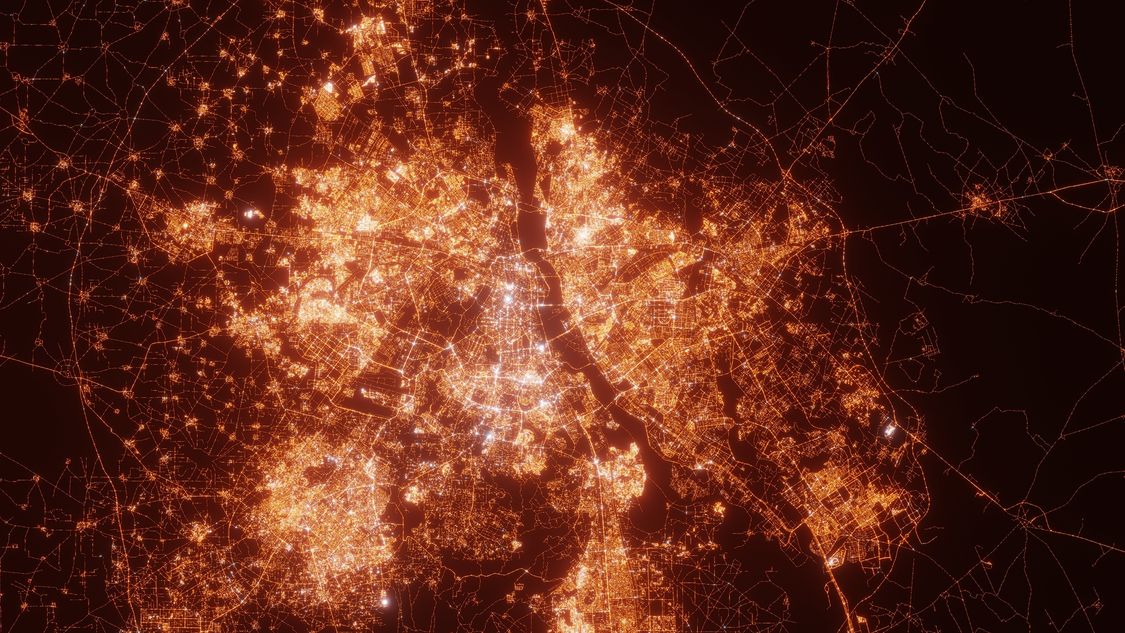 New Delhi city lights map, top view from space.
