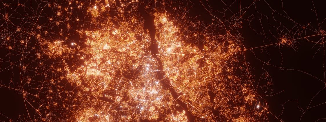 New Delhi city lights map, top view from space. Aerial view on night street lights.