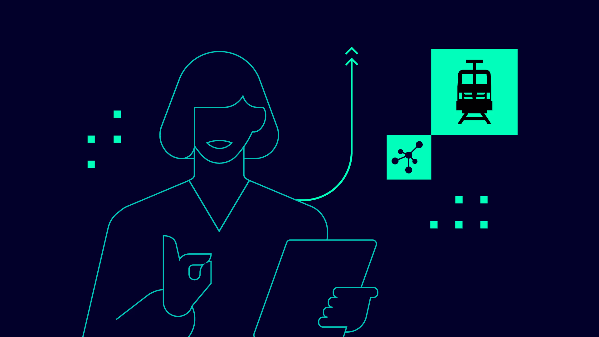 Eine Illustration, die eine Frau zeigt, die ein Tablet hält, sowie die Icons für Konnektivität und Lokomotive. siemens-mobility-vectron-x-key-message-1-connectivity-capability