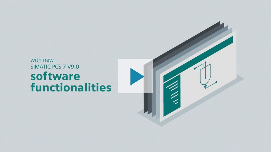 The picture shows that SIMATIC PCS 7 V9.0 offers a range of innovative software functionalities. The symbol for this is a series of monitors positioned one after another. The screen content is visible on the monitor in front: a user interface typical for the process industry. Clicking the play button plays a video that provides a more detailed introduction of the product.