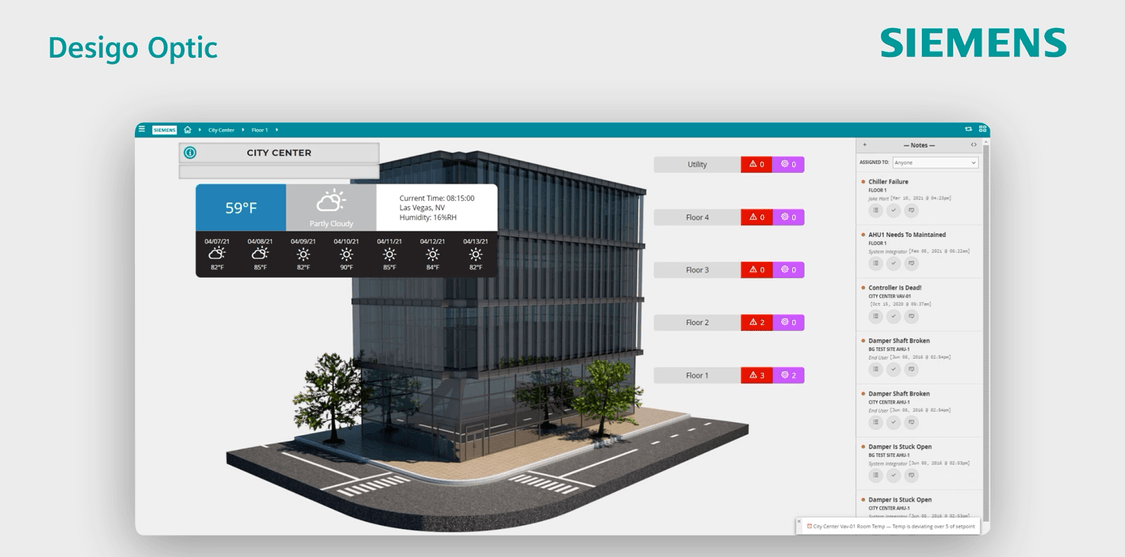 Screenshot of Desigo Optic open building management software software demo