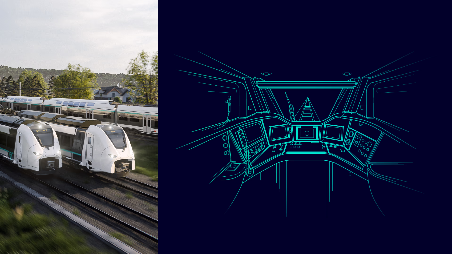 Split screen with driver training with Siemens Mobility’s Digital Twin Simulator – realistic learning in a virtual environment. digital-twin-simulator-rail-training