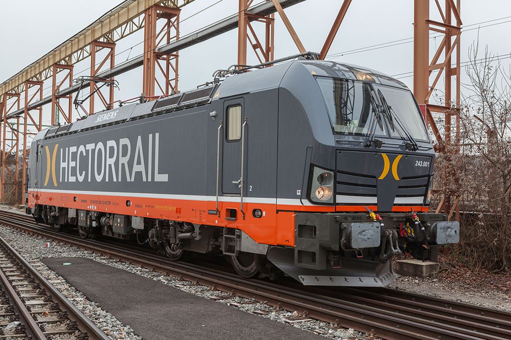 Das Bild zeigt eine Wechselstrom-Lokomotive des Typs Vectron von Siemens.
