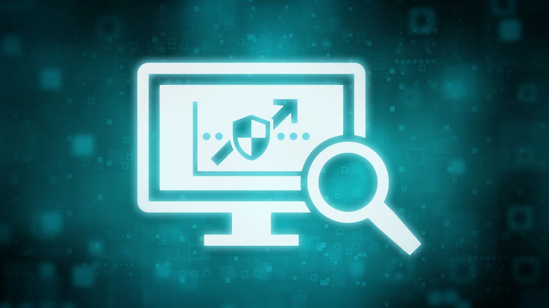 Ein grünblaues, digitales Symbol zeigt einen Computerbildschirm mit einer Lupe