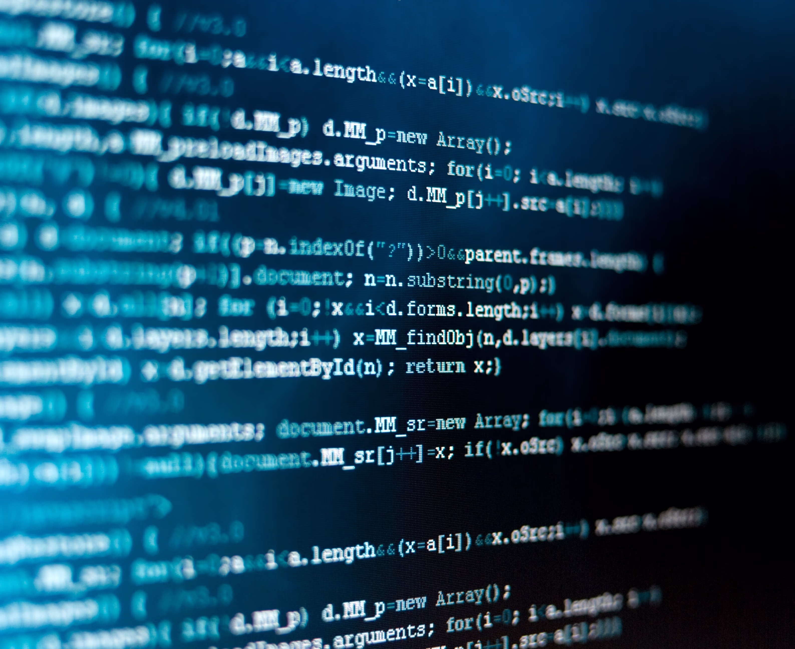 Various lines of code in white and blue font Various lines of code in white and blue font