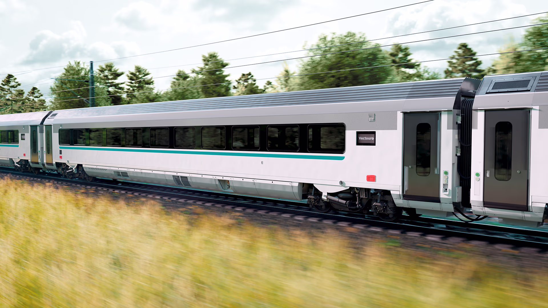 Vectouro passenger train car speeding through countryside siemens-mobility-vectouro