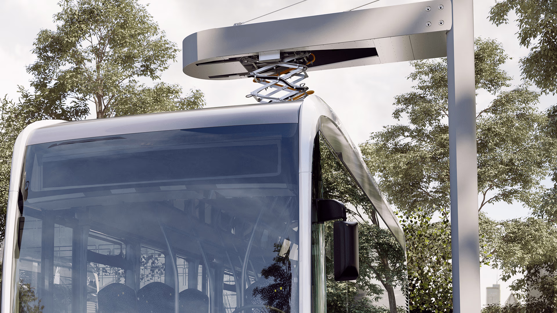 Aufladen eines Elektrobusses über einen e-Line-Inverterstromabnehmer an einer Endhaltestelle im Freien siemens-mobility-charging-at-end-stops