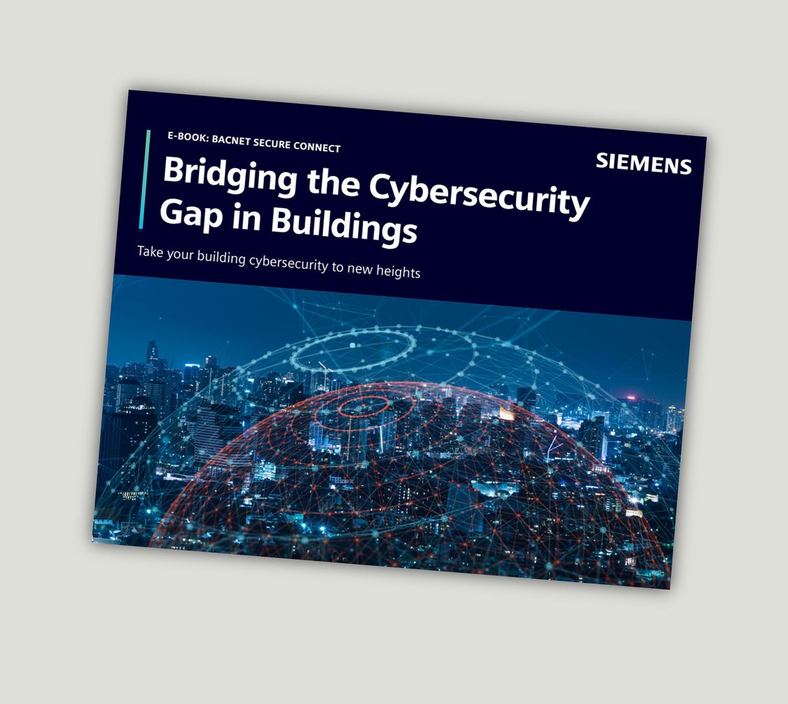 Cover image of eBook reading "Bridging the Cybersecurity Gap in Buildings," with an image of a cityscape protected by a futuristic dome