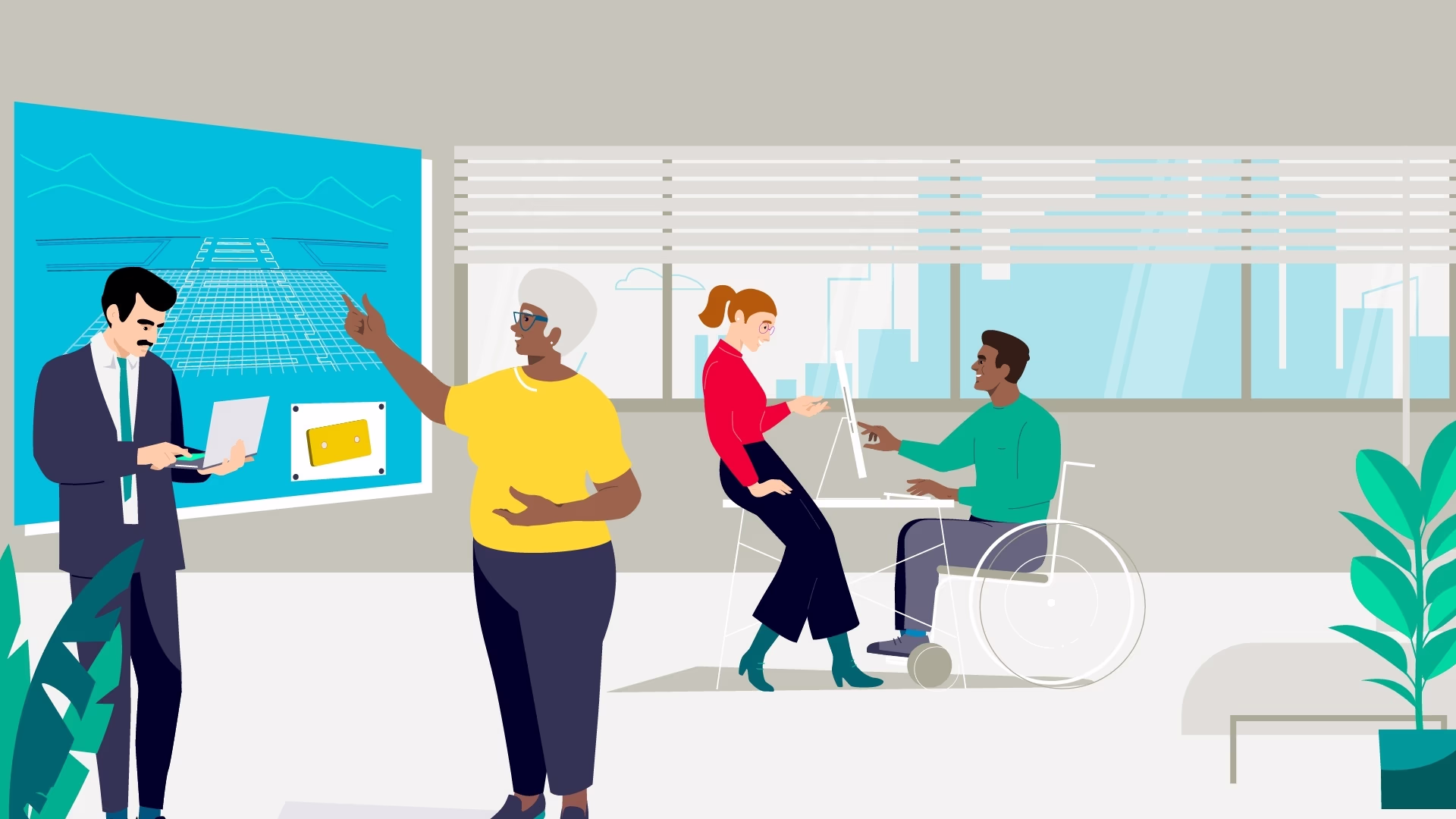 Graphic of bureau with businesspeople chatting. Siemens Mobility RailXplore Capacity