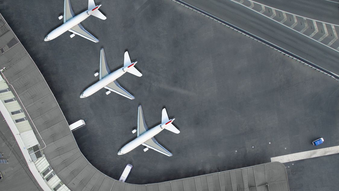 Overhead view of airplaines at an airport