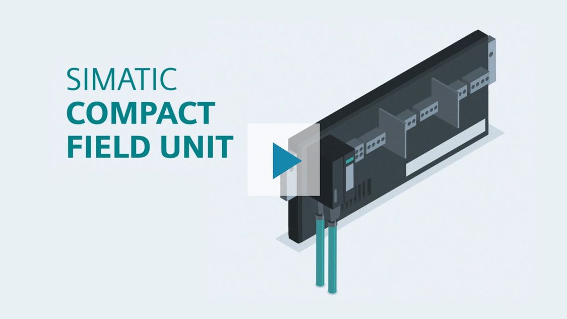 The picture shows the I/O system SIMATIC CFU on a gray background. Two green PROFINET cables are connected to the Compact Field Unit, which can be used to easily integrate field devices. Clicking the play button plays a video that provides a more in-depth introduction of the product. 