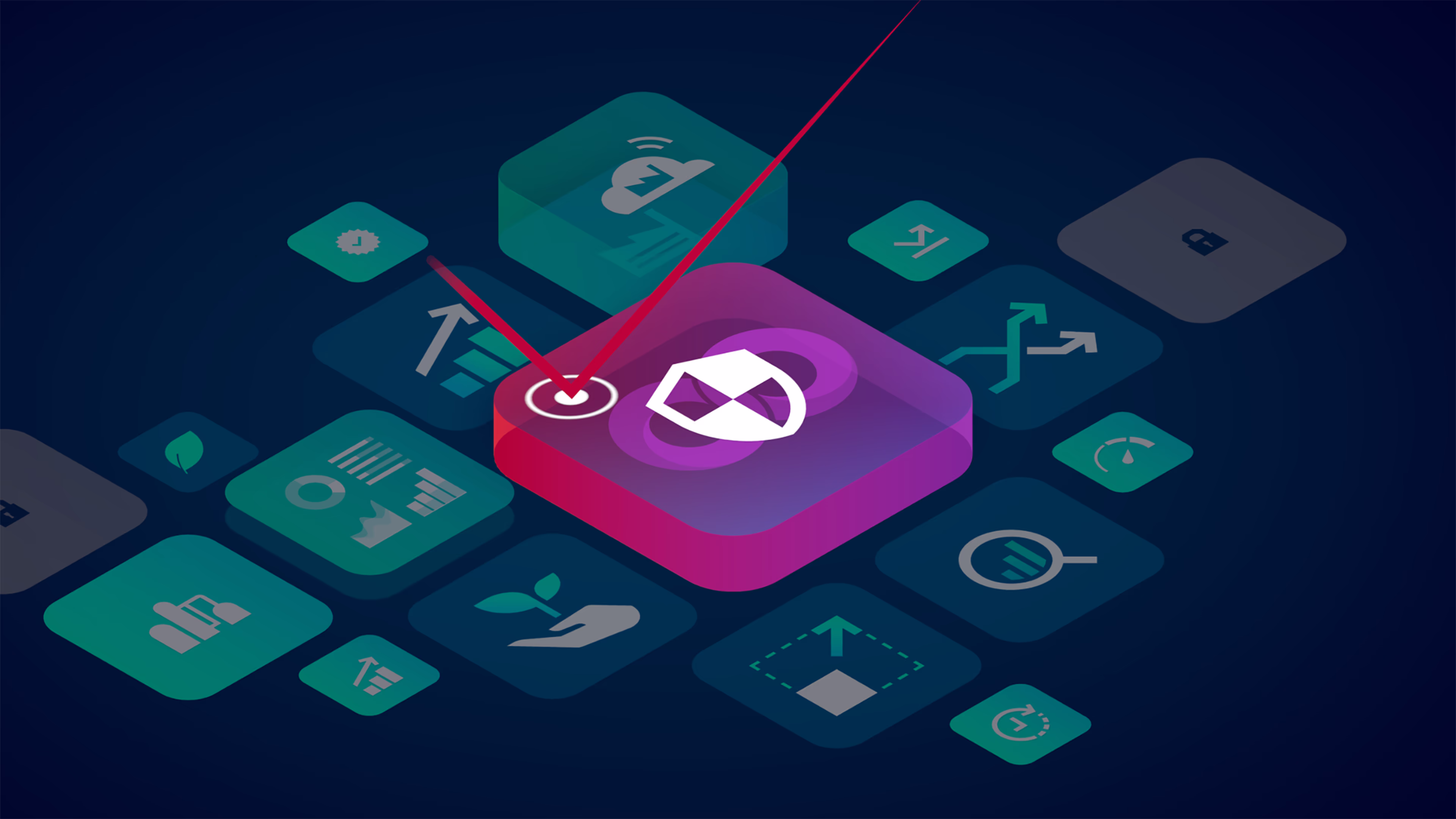 A collection of teal and dark blue tiles, showing icons for efficiency, sustainability, scalability and more clustered around a pink tile with an icon showing a shield. A red ray of light, symbolizing a cyber threat, bounces off the shield. siemens-cybersecurity-certificates-keyvisual
