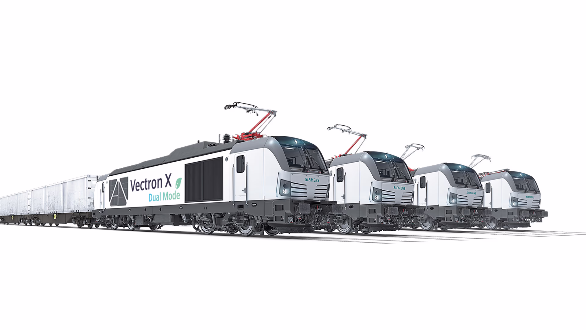 Vier Vectron X Dual Mode Lokomotiven sind von schräg vorne fotografiert. vectron-varianten